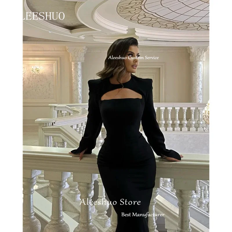 Aleeshuo Black Sexy Cut-out O-Neck Prom Dress Satin Mermaid Long Sleeves Evening Dress Formal Floor Length Dress 2025 Customized