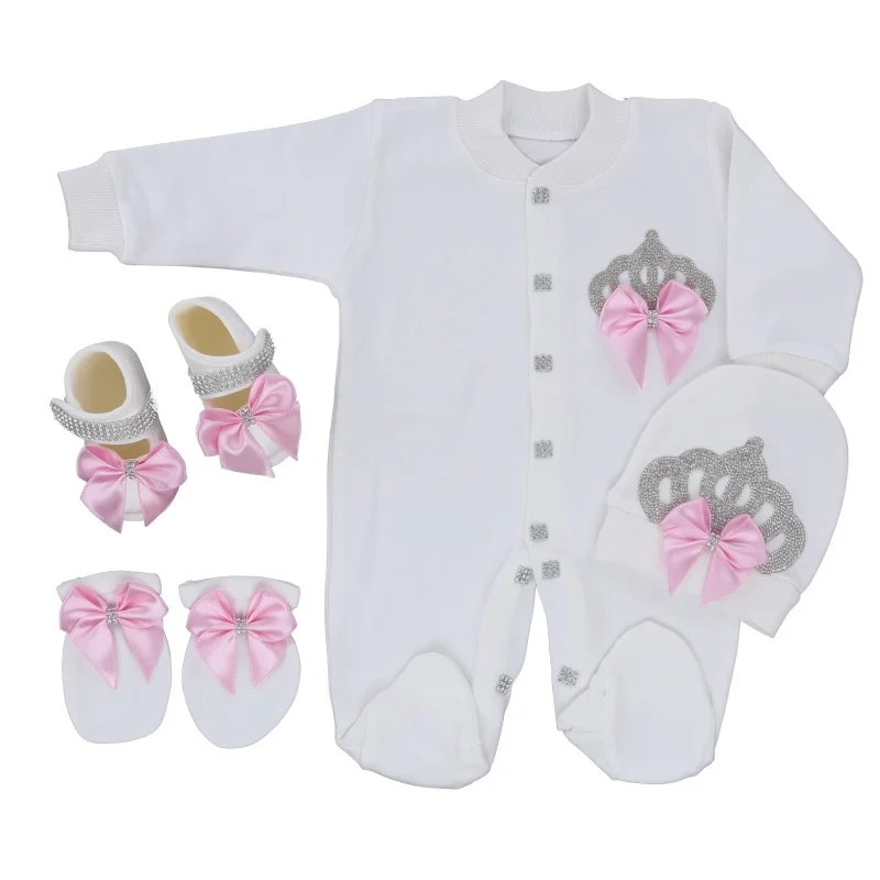Soft Cotton Newborn Romper 0-9 Months 4Pcs White Baby Pink Silver Rhinestone Crown Bow Footed Jumpsuit Baby Shower Gift