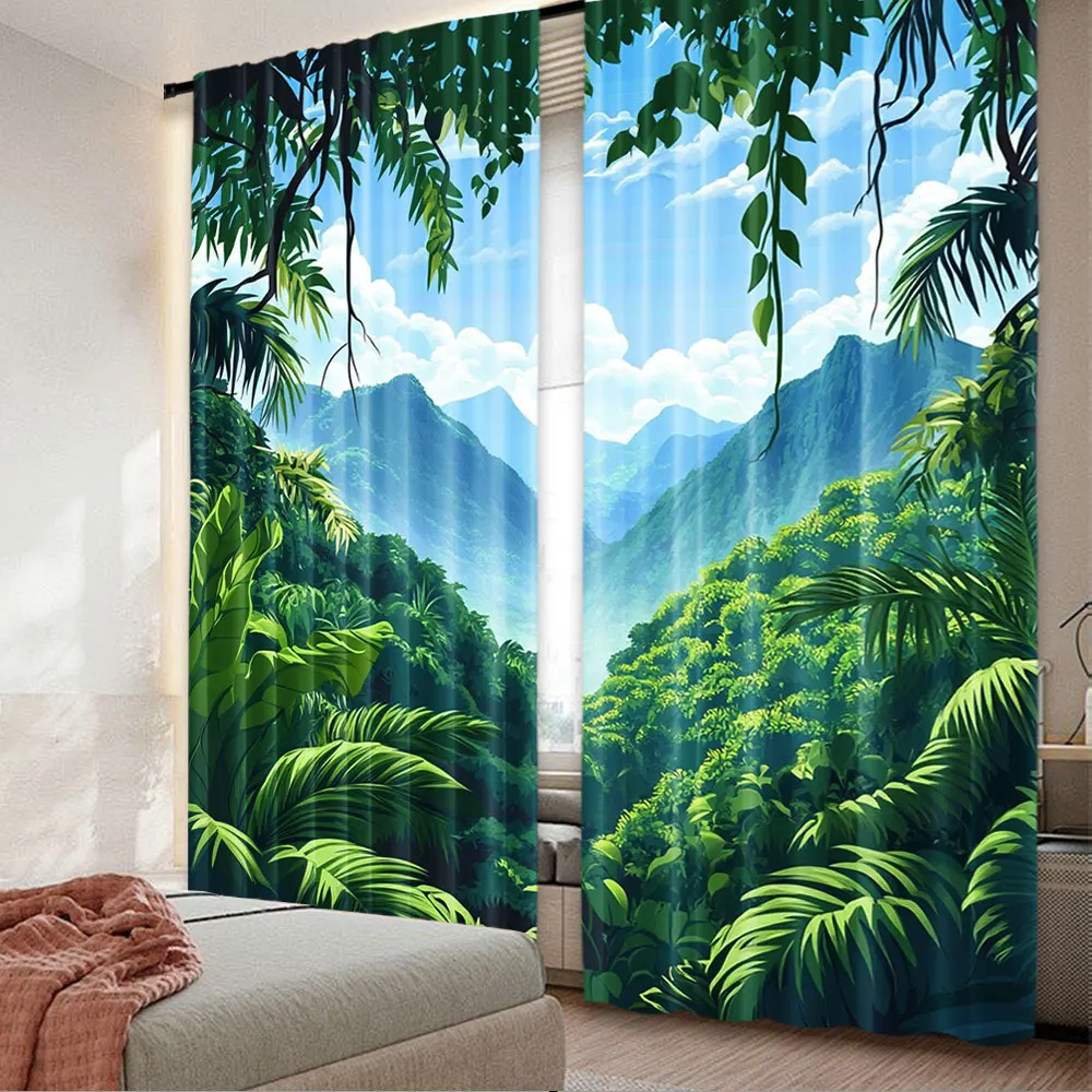 2Pcs Jungle Green Mountains Blue Sky White Clouds Leaves Plants Nature Suitable For Bedroom And Living Room