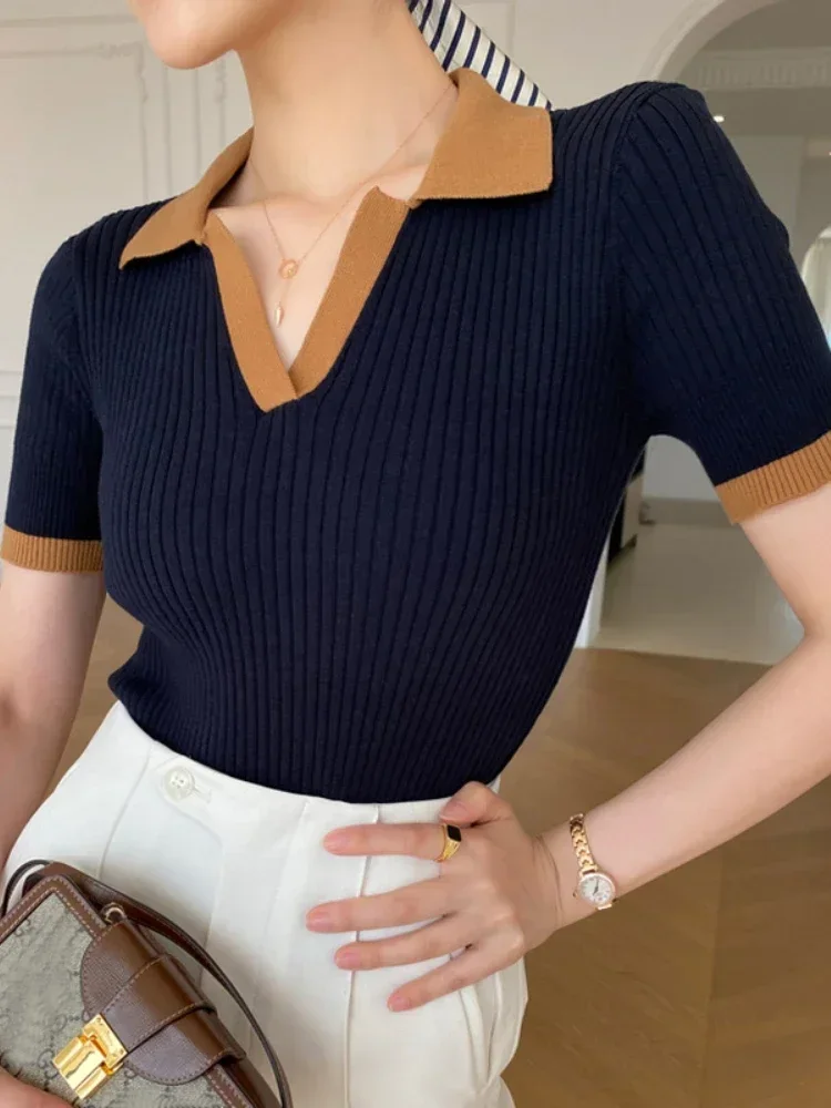 Women\'s T-shirt Polo Collar Short Sleeve Fashion Blouses 2024 Female Slim Knitted Tee White Skinny Casual Women Summer Tank Top