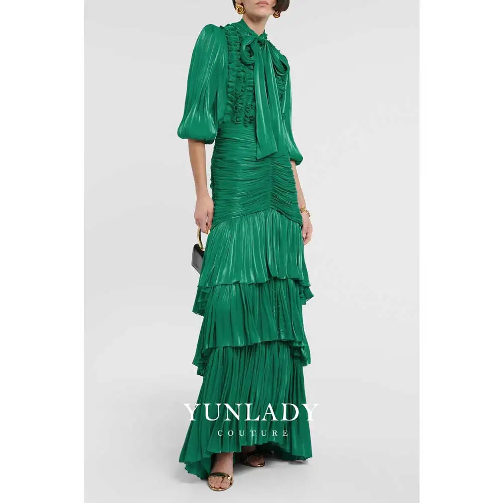 

YUNLAN Luxury Sparkling Green Draped Cake Dress Evening Dress Women Pleated Ruffled Tulle Tie Red Carpet Tail Ball Gown