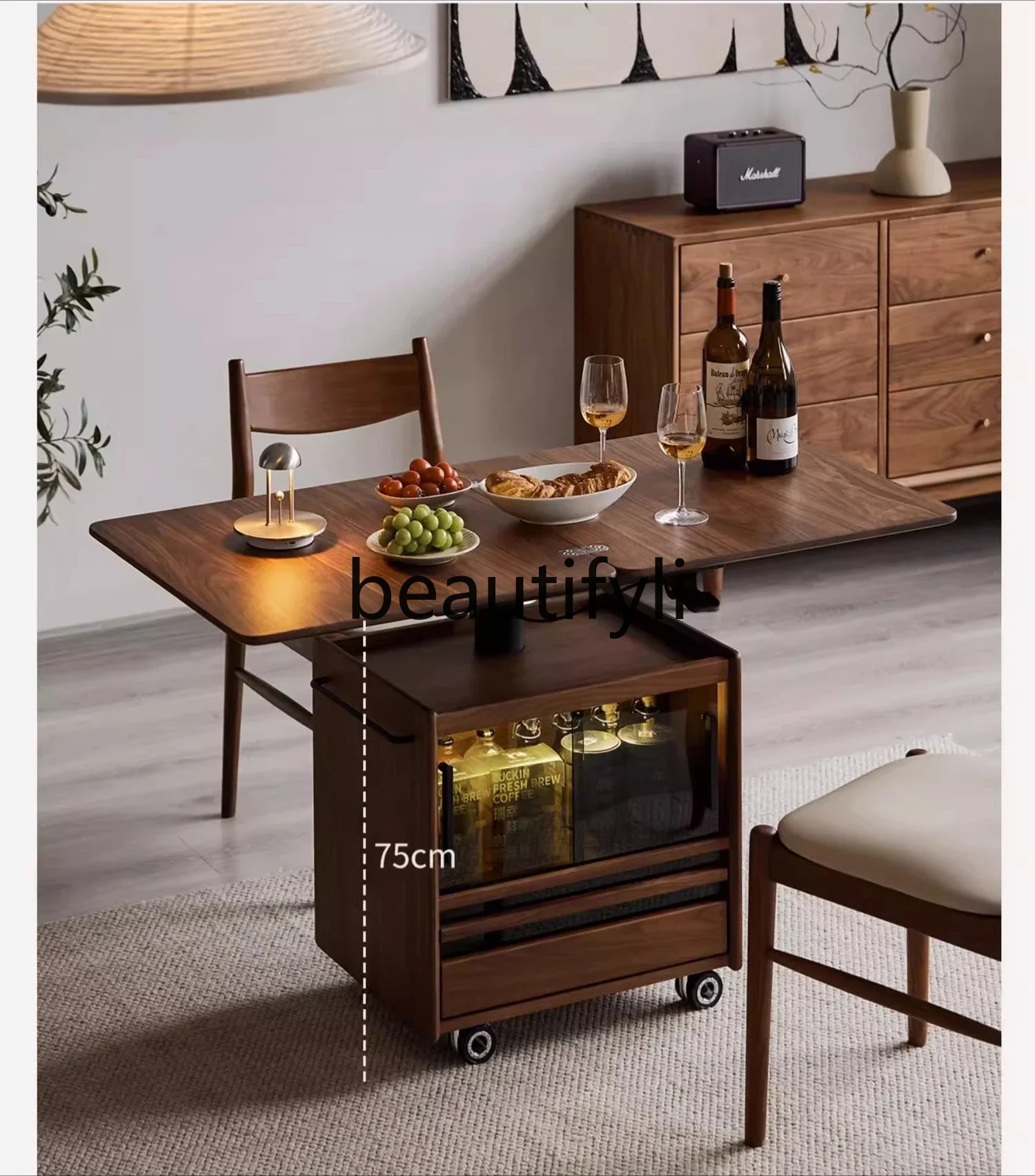 

Solid wood lifting tea table one body black walnut living room small apartment mobile dining table dual-purpose tea table8076