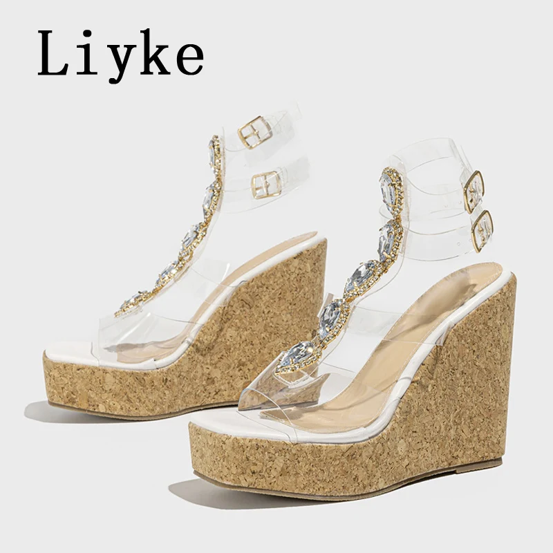 Liyke 2024 New Fashion Square Toe Platform Wedge Sandals Crystal Rhinestone Strap Designer High Heels Transparent Shoes Women