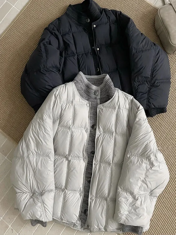 

Корейская вязаная куртка-жакет с воротником-стойкой и пэчворком из хлопка для женщин, зимнее простое теплое пальто на одной пуговице, верхняя одежда