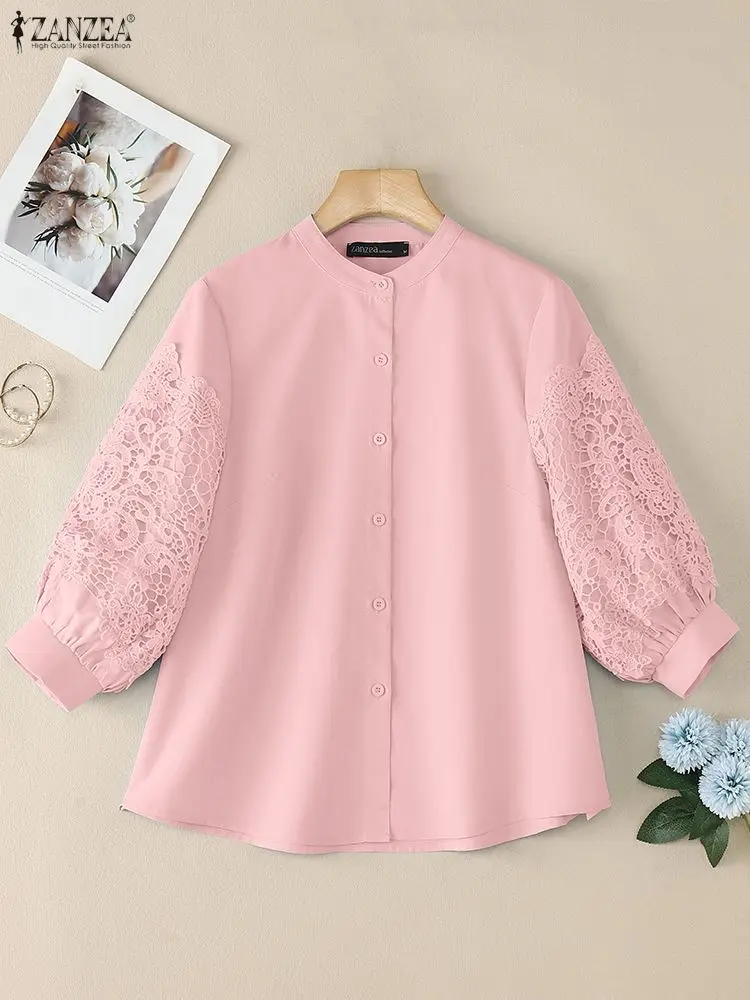우아한 셔츠 ZANZEA 가을 레이스 패치워크 셔츠 여성 우아한 3/4 랜턴 슬리브 워크 블라우스 여름 탑 솔리드 버튼 블라우스