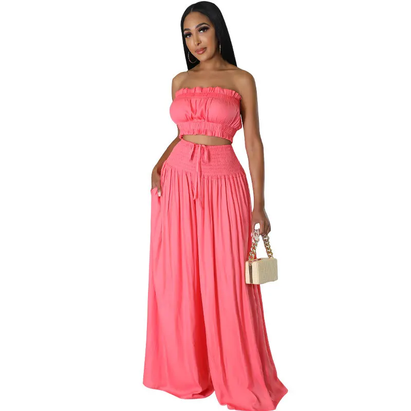 Modische 2-teilige Sets Damenkleidung Sommer Lässig Elegant Tube Top und Weite Hose Anzug Passendes Zweiteiler-Outfit – Detail 4
