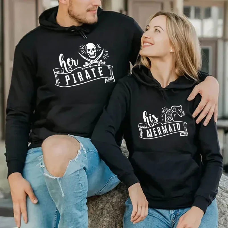 Men Women Matching Couples Her PIRATE His MERMAID Graphic Couples Sweatshirts Long Sleeves Matching Outfits for Couples Hoodies