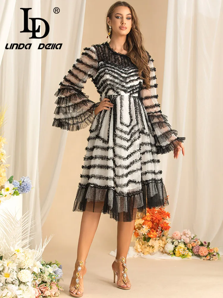 

LD LINDA DELLA Fashion Design Women's Dress Flare Sleeved Edible Tree Fungus Edge Striped High waist Autumn Midi Dresses