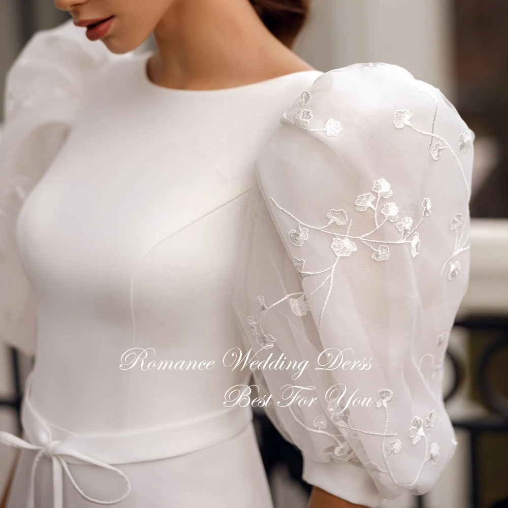 Vestidos De Novia sencillos De sirena con cuello redondo, fajas con mangas abullonadas De encaje, espalda abierta, tren De barrido, Vestidos De Novia personalizados