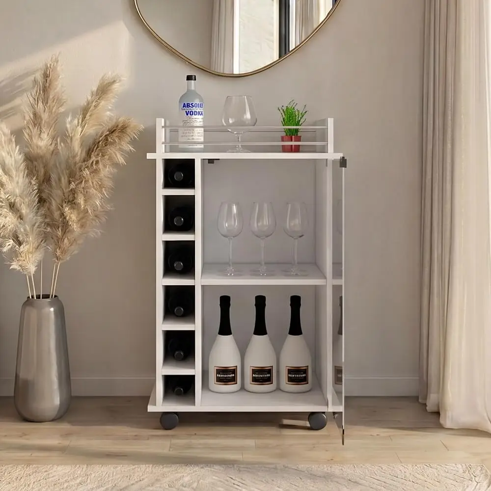 Bar Cart with Glass Door, 6 Wine Slots & Serving Shelf with Rail, Rolling Bar Cabinet, 21.6 x 16.3 x 35 in, White, Customized image 2