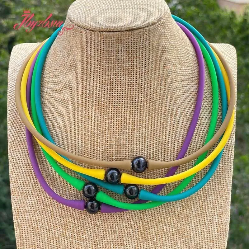 10mm Round Black Freshwater Pearl Multicolor Silicone Sports Casual Waterproof Power Jewelry Women Men Necklace Bracelet  1 Set