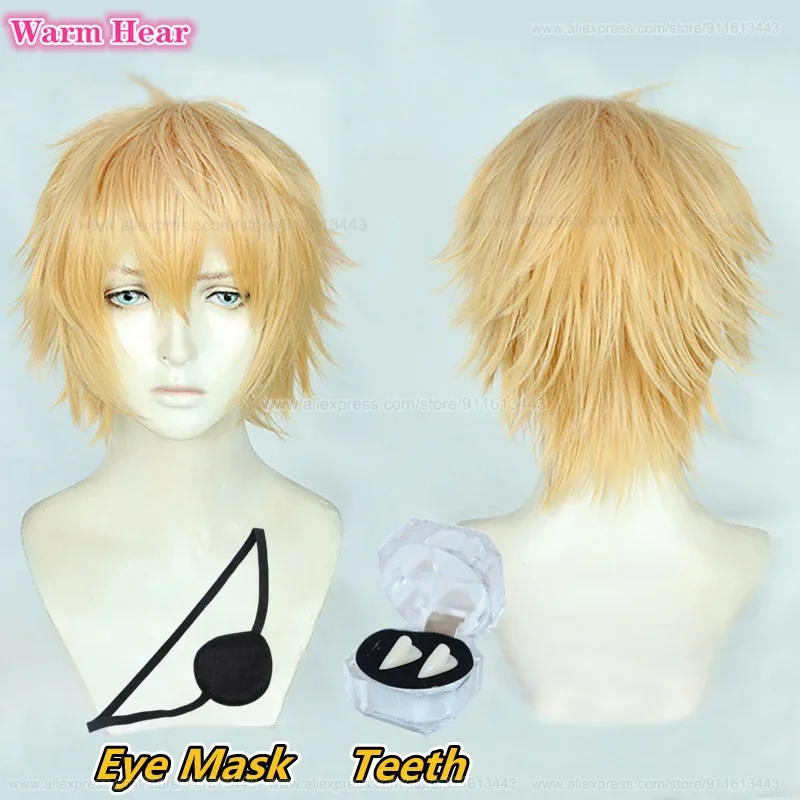 Denji Cosplay Wig Men short 30cm golden cosplay hair with tooth heat resistant hair Halloween party role play wigs a wig cap