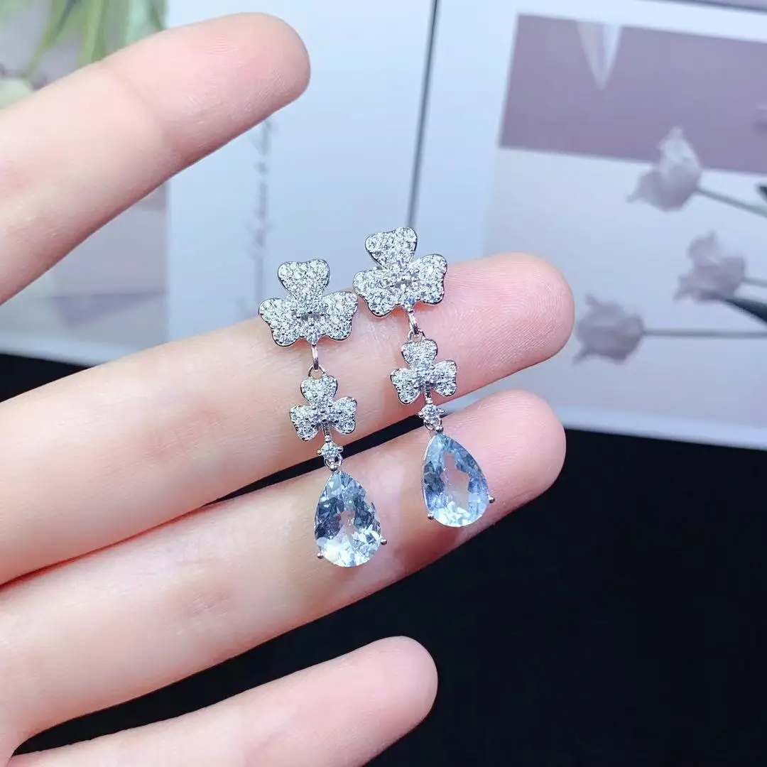 

Серьги с натуральным аквамарином, замороженный цветок-капля, стерлинговое серебро 925 пробы, ледяной синий драгоценный камень