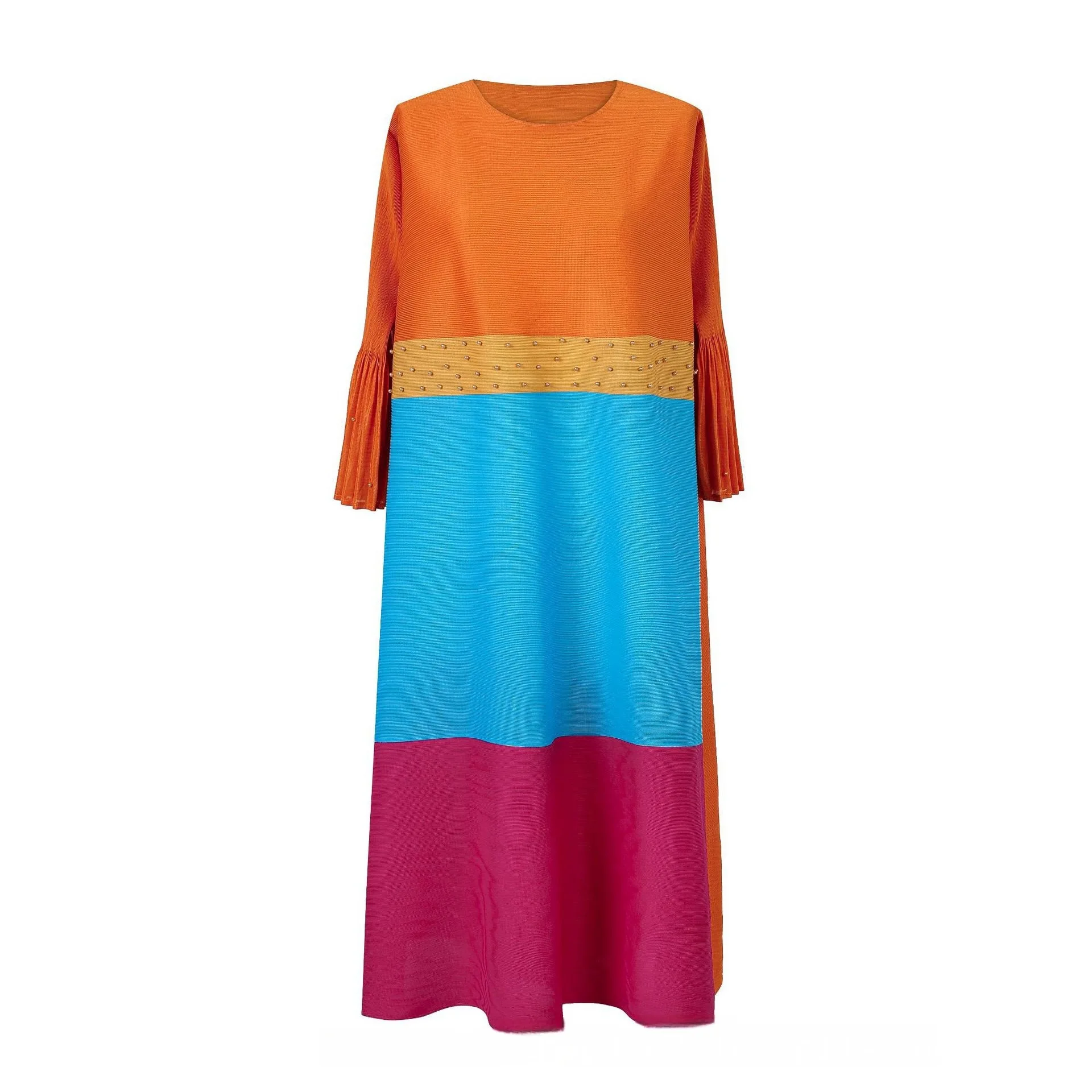 

Miyake 2025 Spring and Summer New Women's Clothing Temperament Dress Elegant Color Matching Round Neck Long-sleeved Dress