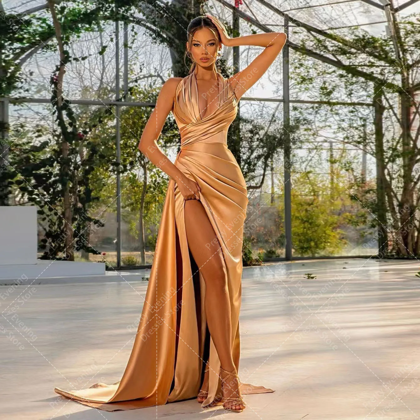 Robe de Soirée de Forme Sirène en Satin pour Femme, Simple, Col en V, Sexy, Fente Haute, Drapée, Bal de Promo, Formelle, Éducative