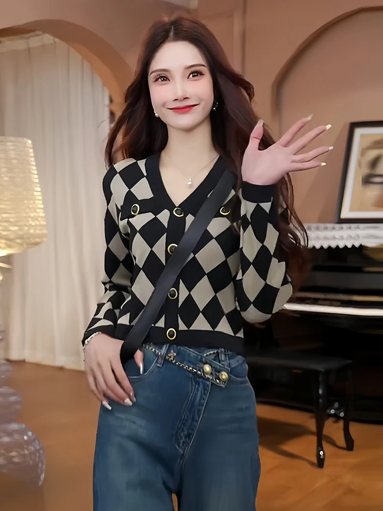 

Корейский вязаный свитер в стиле ретро, пальто, женский длинный кардиган с ромбовидным узором, свободный крой, V-Ne, кардиган на пуговицах, весна-осень