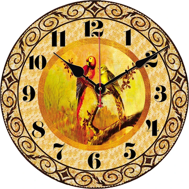 Retro Parrot Kitchen Round Wall Clock Large Dinning Restaurant Cafe Decorative Wall Clock Silent Non-Ticking Nice For Gift