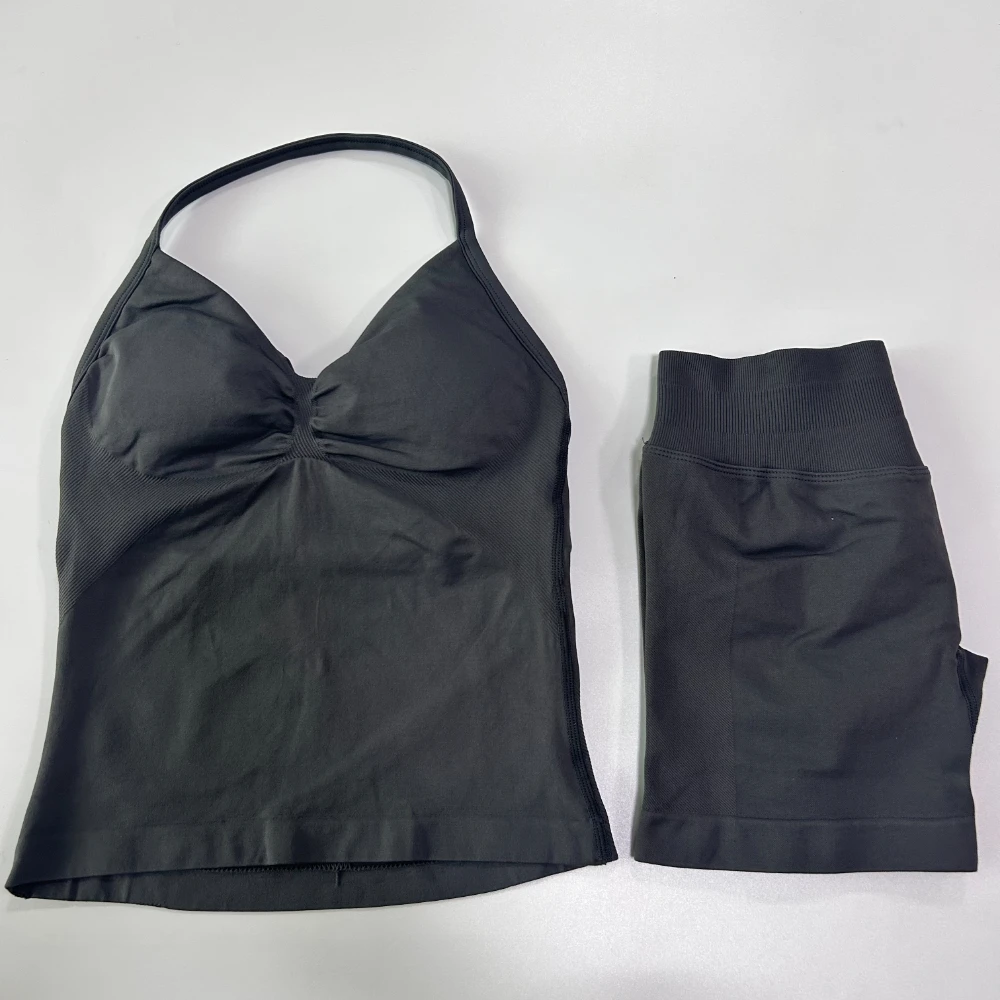 2-teiliges Fitness-Set für Damen: Rückenfreies Tanktop, High-Waist-Shorts mit Raffung, nahtlos, Sportanzug, Fitnesskleidung, Activewear, Workout-Set – Detail 21