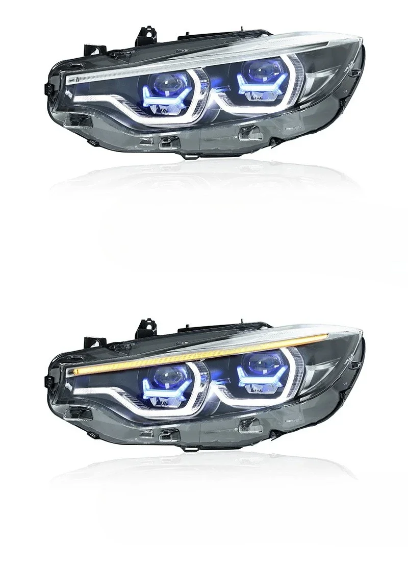 زوج مناسب لـ 13-20 BMW 4 Series F32 مجموعة مصابيح أمامية تعديل الإطار الأزرق M4LED عدسة النهار تشغيل ضوء بدوره إشارة