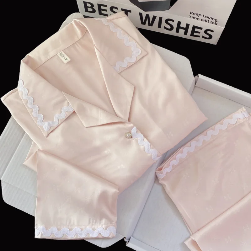 New Satin Women Jacquard Pajamas Set Luxury 2 Pcs Shirt&pants Homewear Long Sleeve Lapel Loungewear Fashion Soft Sleepwear