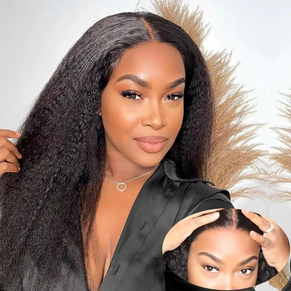 V Part Kinky Straight Wig Human Hair For Women With Drawstring 200% Density U Part Upgrade Glueless No Leave Out Natural Color