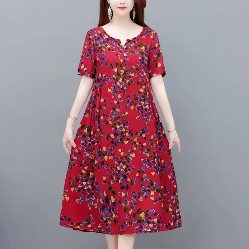 Fashion Vintage Broken Flowers Midi Dress Short Sleeve Women's Clothing A-Line Folds Casual V-Neck Commute Loose Dresses CY428