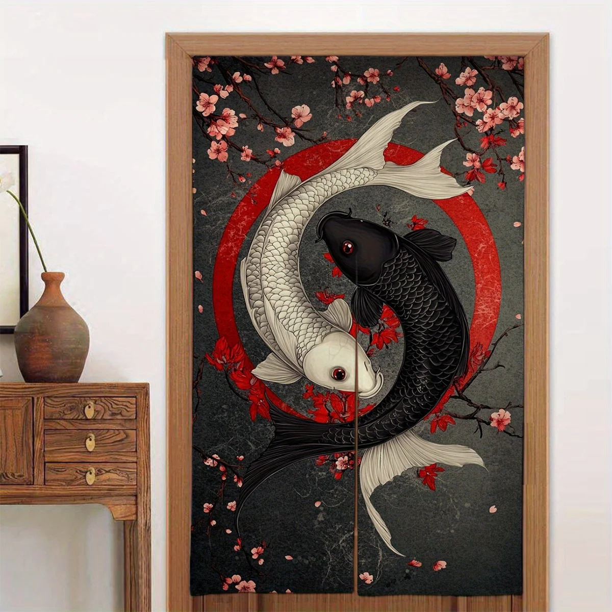 1 unidad de cortina de puerta japonesa Ukiyoe Yin-Yang Koi, cortina de partición de tela con patrón de carpa de flor de cerezo de estilo japonés, decoración del hogar