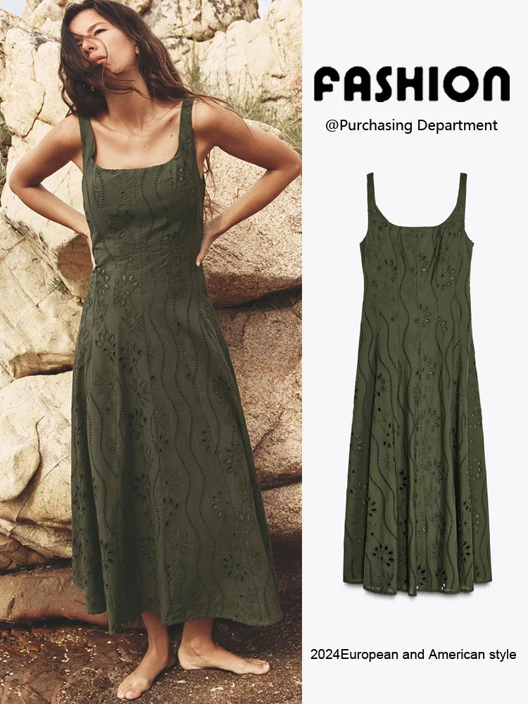 

New Summer Women's Midi Dr Hollow out Embroidery Comfortable Gown High Waist Long Skirt for Par Pure Color No Sve