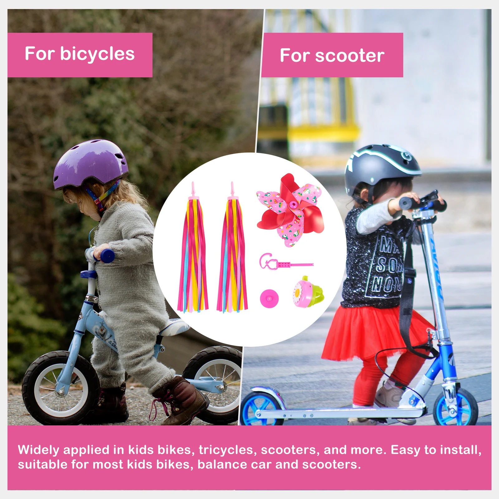 

1Set Bike Decorative Set Handlebar Bells Windmills Streamers Bicycle Tricycle Scooter Accessories Personalize Ride Fun