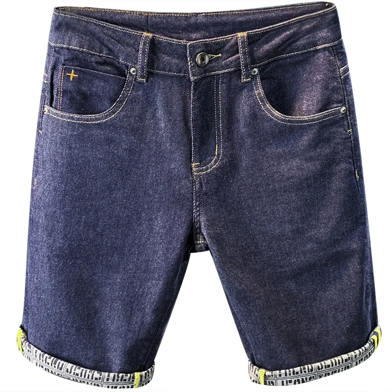 2024Summer Primary Color Washed Denim Shorts Men's Fashionable Printed Straight Shorts Dark Blue Stretch Bermuda Shorts