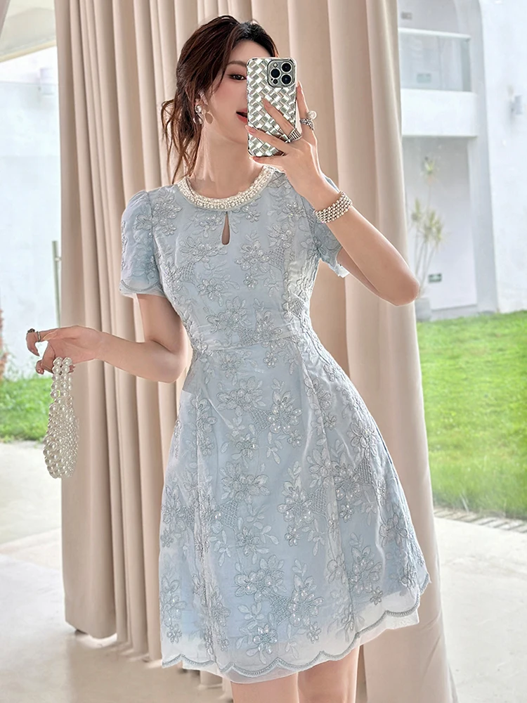 

Women's Clothes Sweet Embroidery Flower Party Dress Lady Elegant Cute Pearl Hollow Pocket Short Gown Birthday Date Vestido Femme