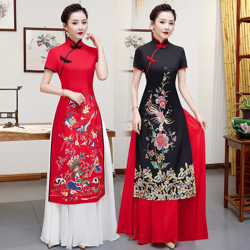 

High Quality 5XL Aodai Black Qipao Dress Chinese Traditional Women Print Flower 4XL Cheongsam Novelty Chinese Formal Party Dress