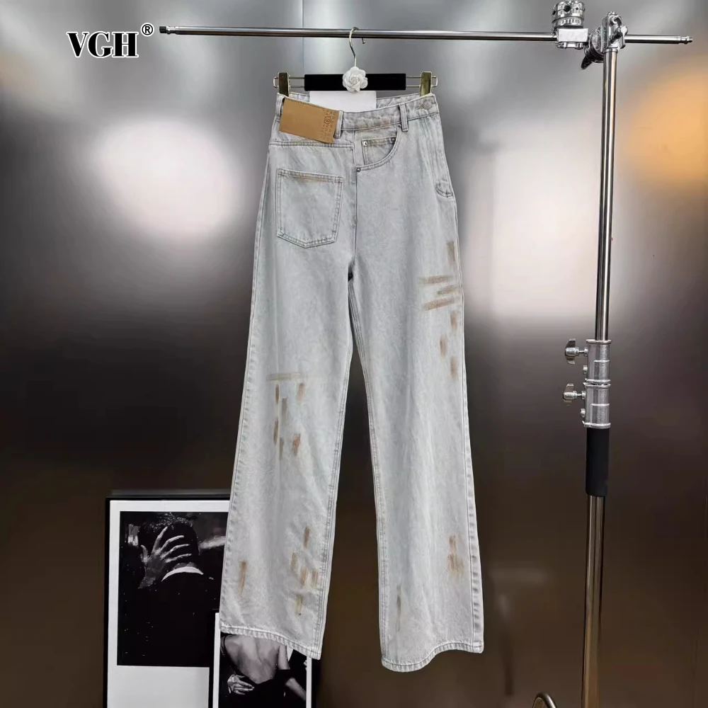 

VGH Spliced Asymmetrical Designer Jeans for Women High Waist Spliced Pocket Distressed Vintage Floor Length Trousers Female New