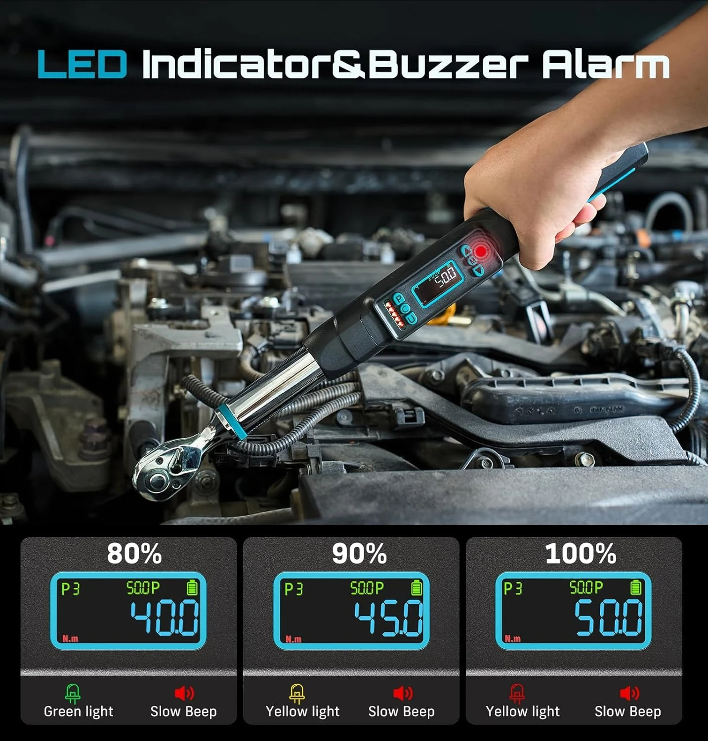 مفتاح عزم دوران رقمي 3/8 بوصة، دقة ±2%، 0–220 نيوتن متر/0–162 قدم-رطل، شاشة LCD، أوضاع في الوقت الحقيقي وتخزين البيانات، جديد #3