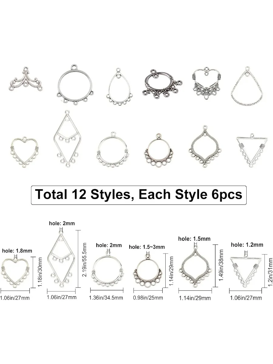 72pcs 12 Styles Chandelier Connector Charms Component Links Alloy Hollow Filigree Pendants Flat Round Teardrop Triangle Shape