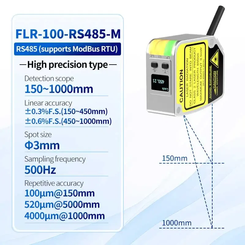 

FLR-100-RS485-M OLED Display High Accuracy 0.01mm Measuring Range 100mm ModBus RTU Displacement Sensor