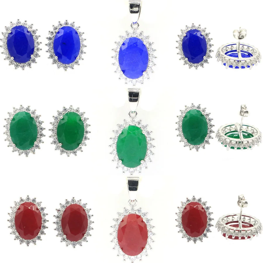 19x16mm Hot Sell 6.1g Real Green Emerald Red Ruby Blue Sapphire CZ Women Engagement Wedding 925 Silver Stud Earrings Pendant