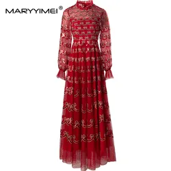 MARYYIMEI Mesh Sequins Striped Women's Dress Long-Sleeved High waist Autumn and Winter Party Evening S-3XL Dresses