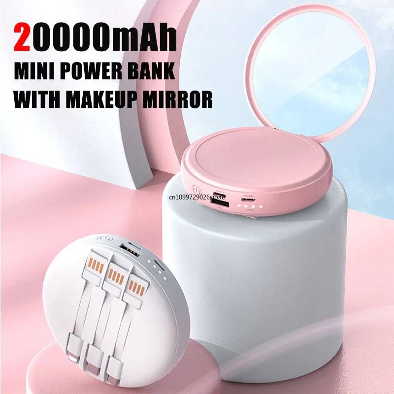 20000mAh Mini Power Bank Fast Charging with Makeup Mirror Built in Detachable Cable External Battery Charger for Mobile Phones