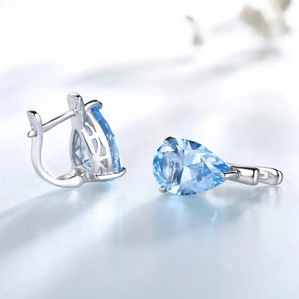 925 Sterling Silver Clip Earrings For Women Luxury Nano Gemstone Blue Simple On Earrings Water Drop Fine Jewelry Party Gifts