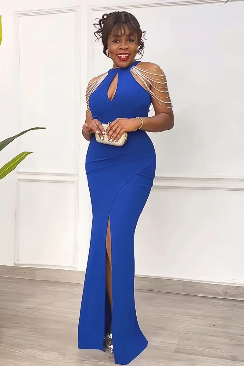 

KEXU Лето 2025 г. Женское платье макси с открытыми плечами и круглым вырезом с высоким разрезом по бокам, сексуальное вечернее платье с жемчугом для вечеринок и клубов, длинные платья