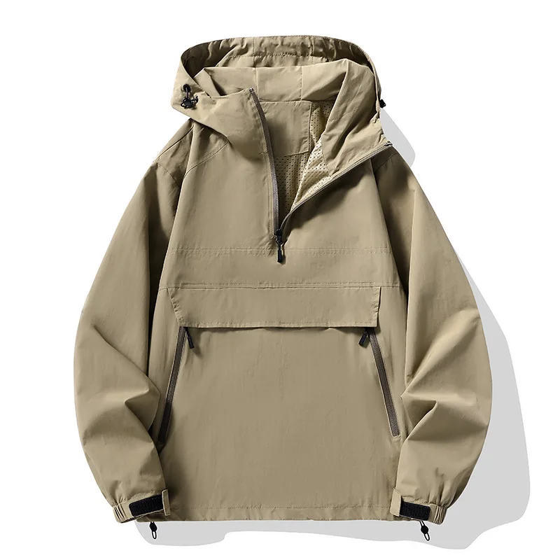 

Men's Pull On Hooded Jackets Spring Autumn Solid Fashion Windproof Waterproof Casual Outwear Male Streetwear Loose Hooded Jacket
