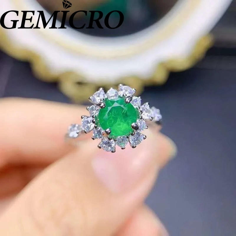 Gemicro 925 Sterling Silver Jewelry High Quality Round 6mm Natural Emerald Crystal Engagement Ring Wedding Men Women Wear Gift