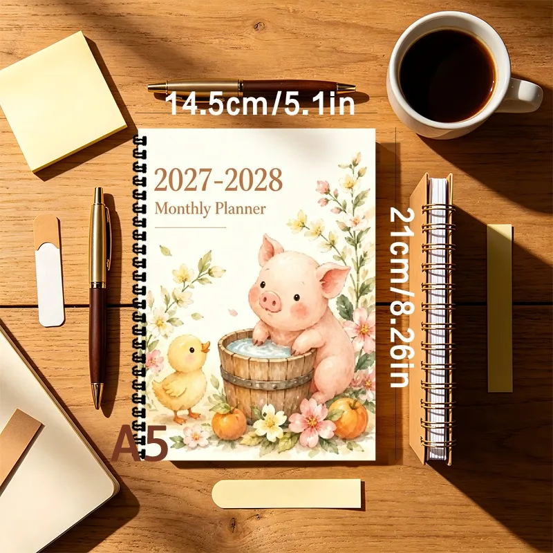 A5  2027-2028 Monthly Planner, Cute Watercolor Pig Duck Floral Pattern Weekly Task Schedule Organizer, Ideal Teacher Gifts