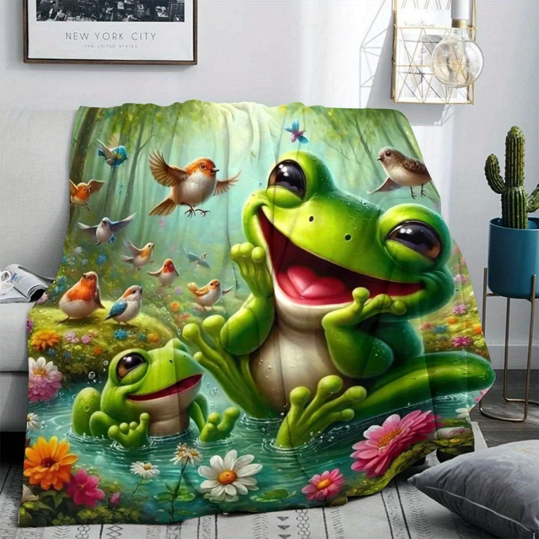[قطعة واحدة من بطانية الضفدع الغريب] بطانية مريحة من الفلانيل على شكل ضفدع غريب الأطوار والطيور الملونة - قطعة واحدة متينة، مناسبة لجميع المواسم للقيلولة
