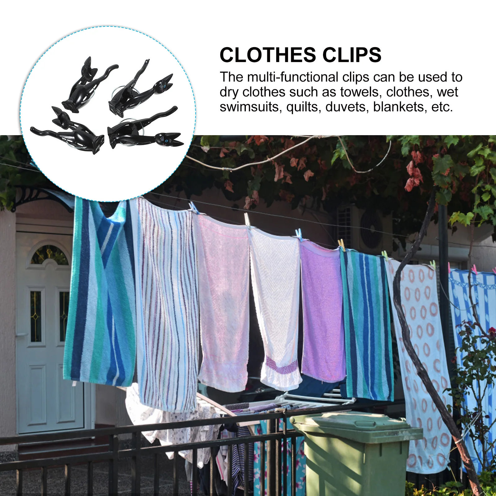 

4pcs Black High Elastic Clothespin Cute Cat Windproof Clips for Drying Garments Quilts Beach Towels Portable Clamps