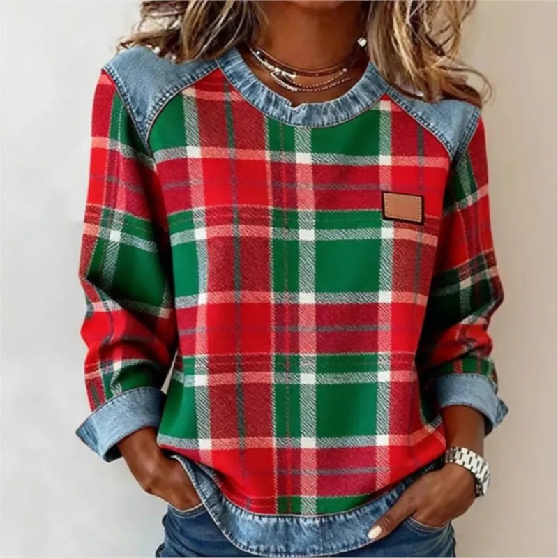 Women's Loose Fit Round Neck Sweatshirt Patchwork Denim Grid Pattern Long Sleeve Comfortable Soft Polyester Cotton Blend T-Shirt