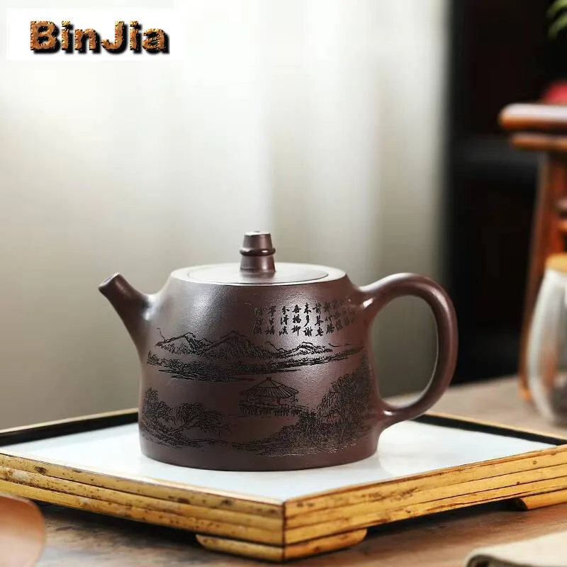 430ml Ancient Yixing Purple Clay Teapots Handmade Landscape Handuo Pot Raw Ore Mud Kettle Zisha Teaset Collection Craft Supplies