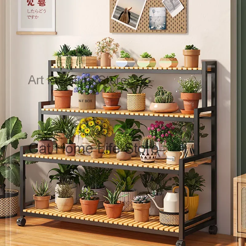 Soporte de flores de Metal de lujo Para interiores, ruedas nórdicas, Estantes de Plantas ajustables, Estantes modernos negros Para Plantas, muebles