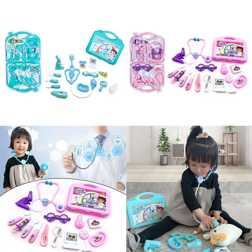 15PCS Rosa Blau Kinder Familie Arzt Set Stethoskop Kunststoff Tragbare Medizin Box Spielzeug Mini Ausrüstung Zubehör